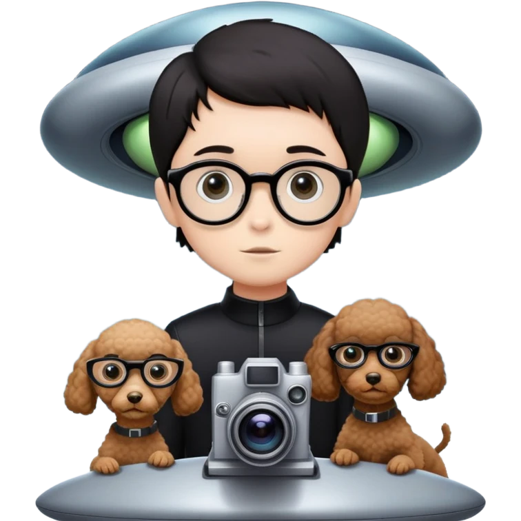 A little boy with straight black medium-length hair, white skin, and black eyes wearing black-framed glasses is taking photos on a UFO with a camera. Beside him, there is an alien and a brown round-headed poodle. emoji