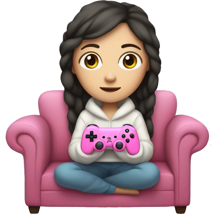 White girl with dark hair wrapped up in a blanket sitting on a couch with a pink gaming controller in her hands emoji