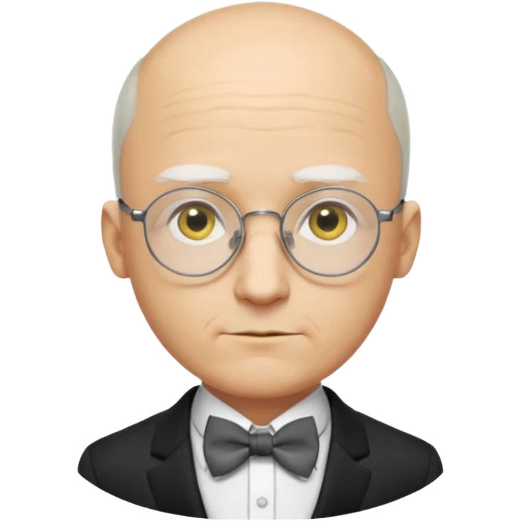 Yellow-skinned animated man. Bald on top with thin gray hair at the sides. Large round white eyes with black pupils. Wears round glasses. Pointed nose. Visible suit lapels, white shirt collar, and bow tie at the neck. emoji