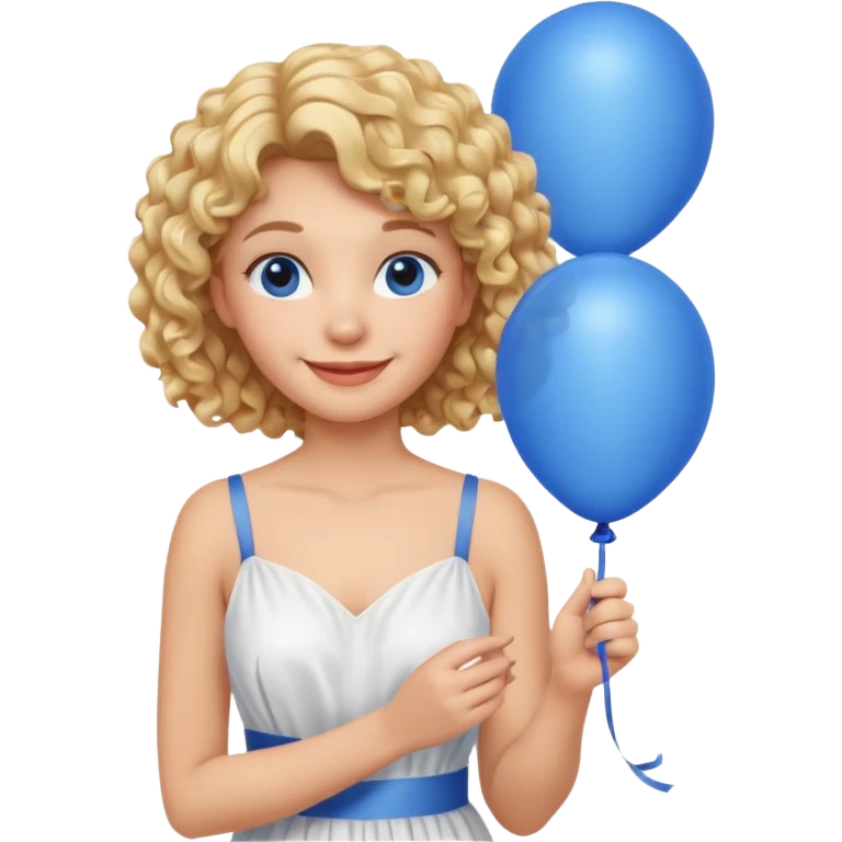 Woman curly blonde with blue balloon, white dress emoji