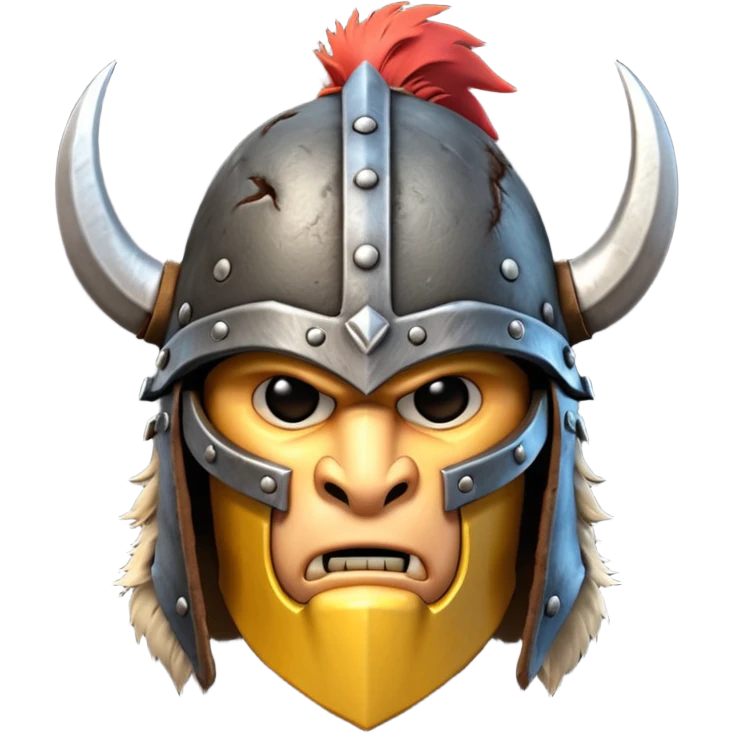 barbarian helmet object icon, rough metal helmet, fur details, leather straps, battle-worn scratches, fantasy style, 3D cartoon, mobile game icon style, centered, clean background, soft shadow, no text, no watermark

 emoji
