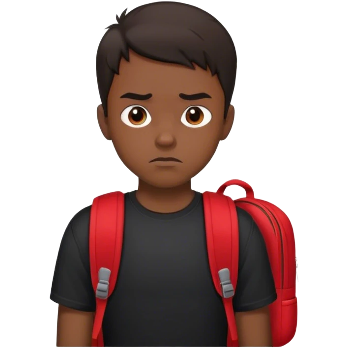 Create an emoji of a young man with short dark hair and a serious expression. He is wearing a black t-shirt and a red backpack, giving a confident and professional look. The emoji should reflect his focus and determination. emoji