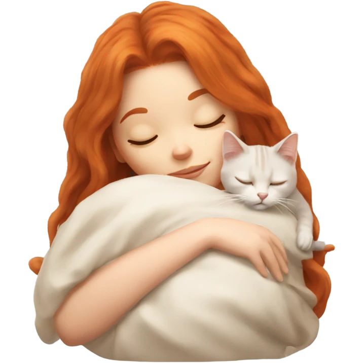 Red hair girl sleeping with a beige ragdoll cat emoji