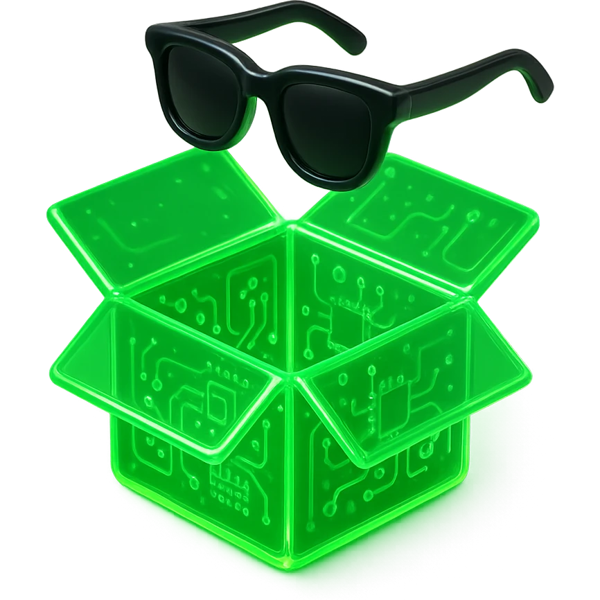 green neon delivery box opened with a pair of black sunglasses flying above the box, glowing, modern, vibrant style emoji