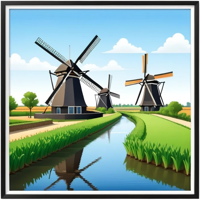 cinematic-realistic-kinderdijk-windmills-landmark-emoji,-showcasing-traditional-dutch-windmills-aligned-along-a-tranquil-canal,-with-lush-green-fields in a picture frame emoji