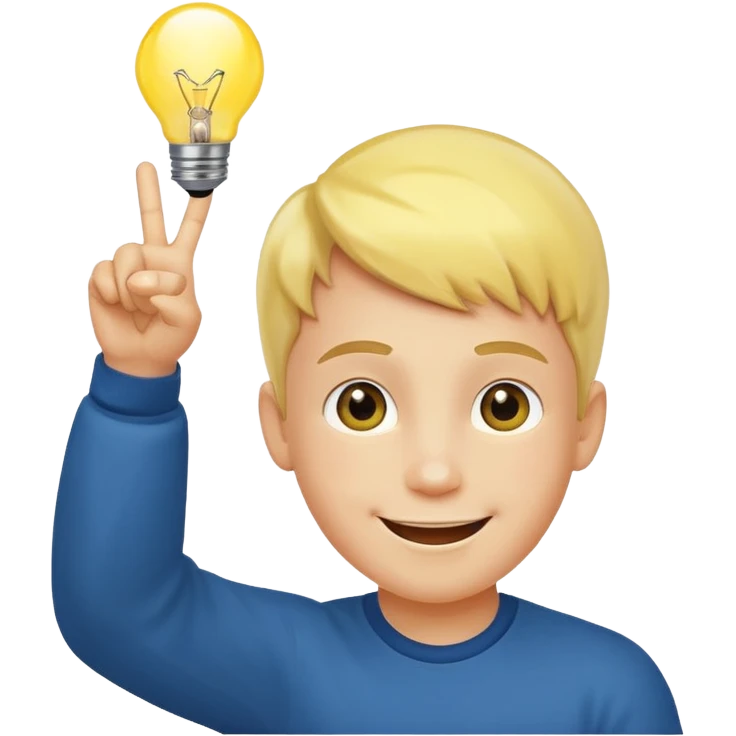 A boy with smily face with victory sign and bulb is glowing above face emoji