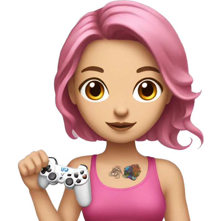 White girl with arm tattoo and brown hair holding a pink game controller emoji