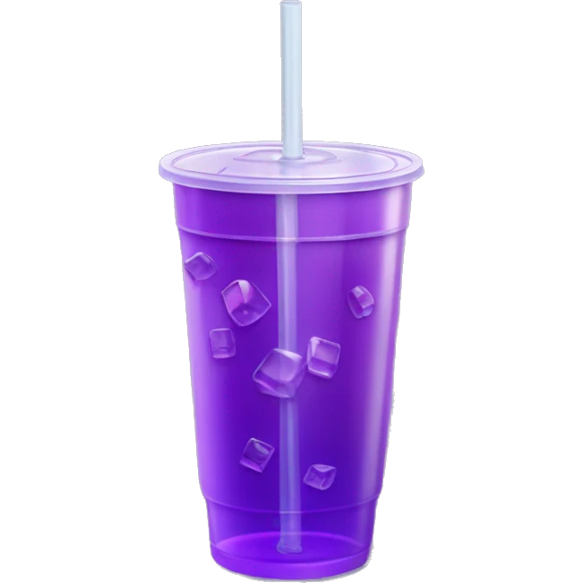 Realistic plastic cup and lid with Transluscent purple soda and large ice cubes inside and one straw through the top of the lid. emoji