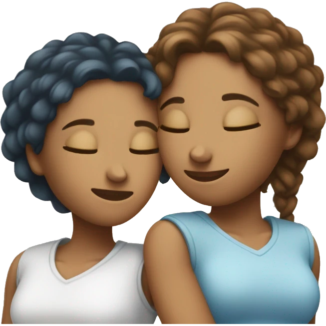 Two female best friends hugging each other, eyes closed, deep in loving hug, one wearing light blue! and one and white emoji