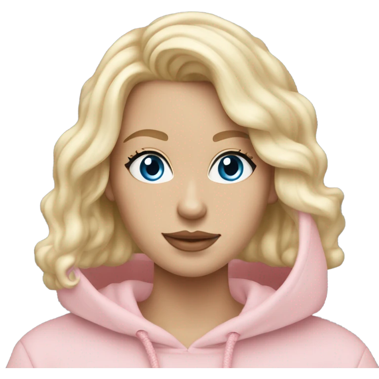 body White girl with platinum wavy blond hair and stunning blue eyes wearing jewelry and a light pink oversize hoodie emoji