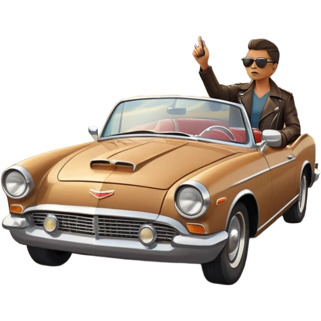 A person stands outside of to a car parked on the side of a long, open road. The sky ahead is clear and glowing, full of possibilities. One hand is on the steering wheel, the other points forward. The rearview mirror reflects storm clouds, but the windshield shows sunlit mountains ahead.  emoji