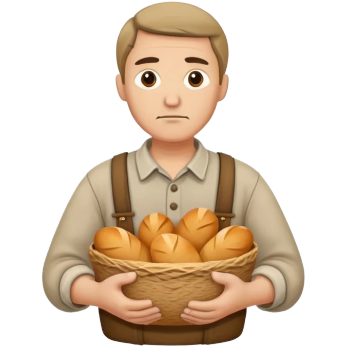 peasant in an old shirt photorealistic serious with bread in hands emoji