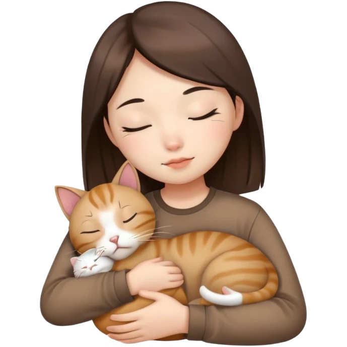 Chinese girl wearing a brown shirt with a sleeping cat emoji