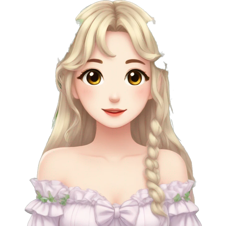 Cute gorgeous pretty attractive anime lady beautiful hair with gorgeous dress fairycore cottagecore detailed high quality trending aesthetic emoji