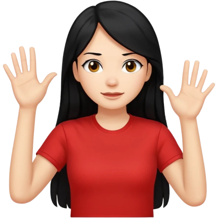 빨간색 티셔츠를 입고 긴 검정머리를 가진 여성이 모르겠다는 듯이 어깨를 올리고 고개를 살짝 왼쪽으로 기울고  제스처를 하고있음 🤷🏻‍♀️ emoji