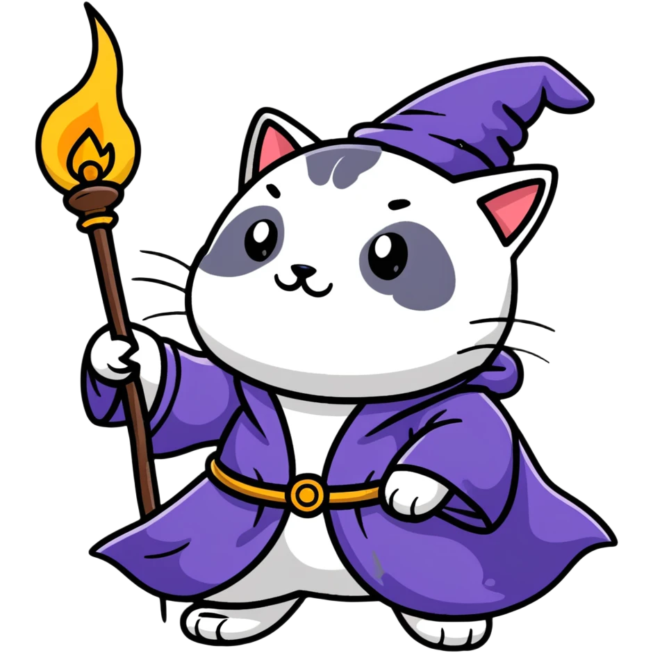 A cat wizard casting a spell with magical staff and flowing robes emoji