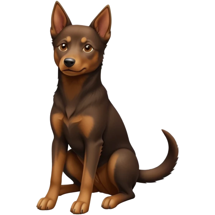 cinematic-[australian kelpie]-realistic-full-body-sitting-emoji,-tail-resting-loosely-beside-its-paws,-head-tilted-dramatically, -sleek-[Brown and tan]-fur,-simplified-yet-realistic-focused-features,-highly-detailed,-glowing-with-an-almost-sarcastic-glow emoji