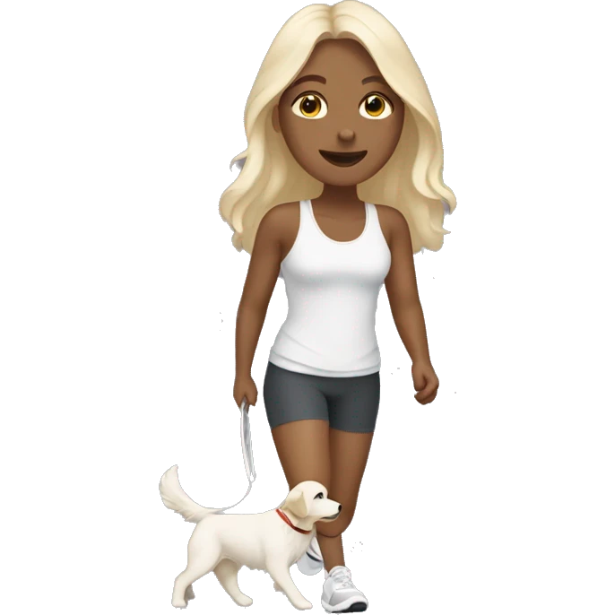 Woman wearing athleisure walking white golden retriever emoji