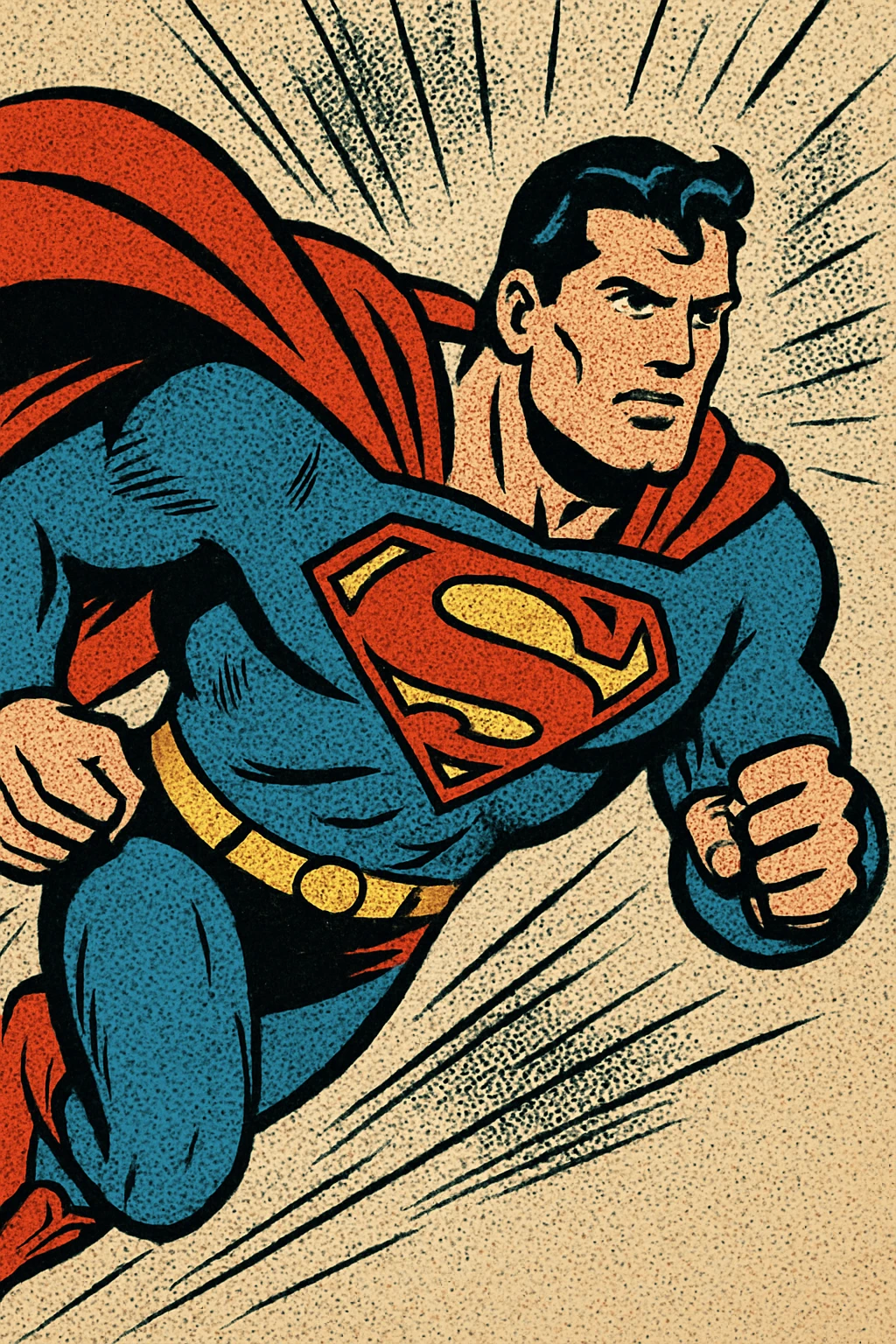 Superman flying with a red cape and blue suit, bold lines and vibrant colors, classic comic book style emoji