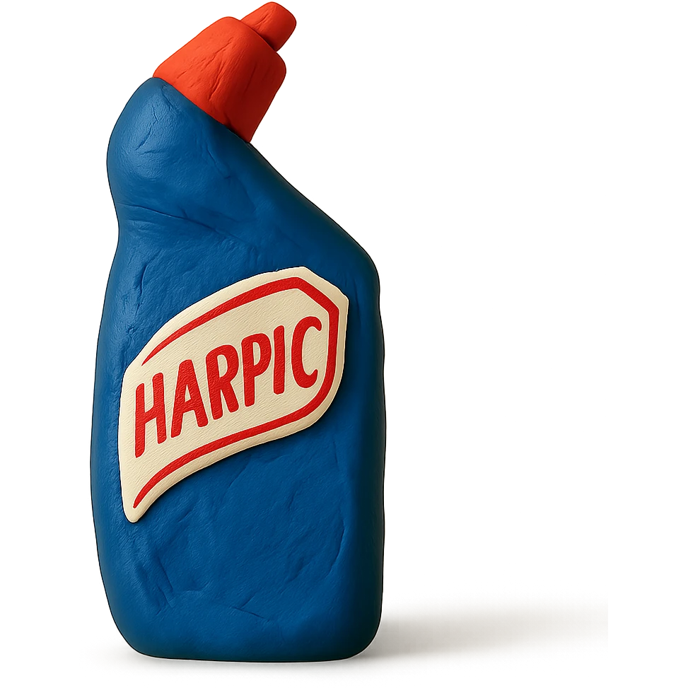claymation style Harpic toilet cleaner bottle emoji