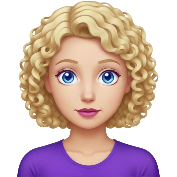 Mom with short curly blonde hair and blue eyes wearing purple top  emoji