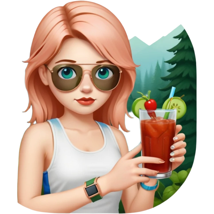girl with long pig tailed hair
with blue eyes
and aviator sunglasses
wearing white tank top 
holding bloody mary
wearing (rose gold apple watch with forest green band) emoji