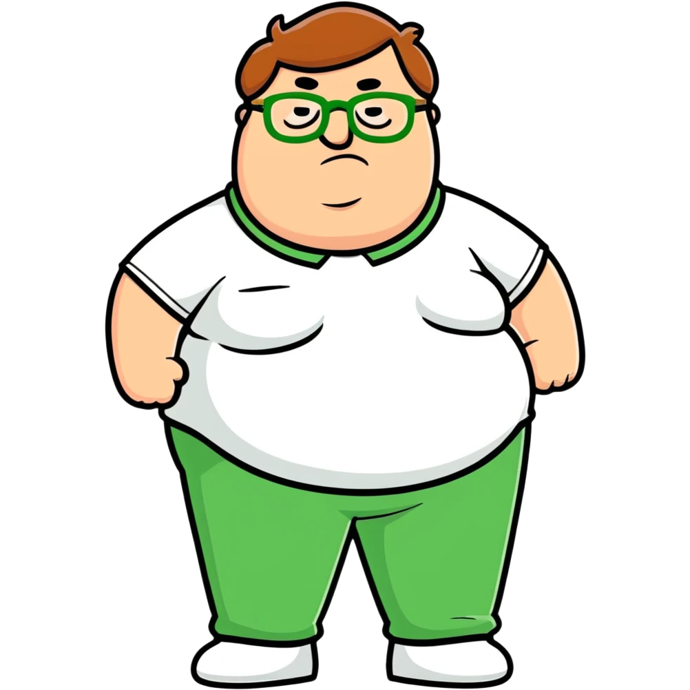 Peter Griffin from Family Guy with a pregnant belly, wearing green pants, white shirt, and glasses emoji
