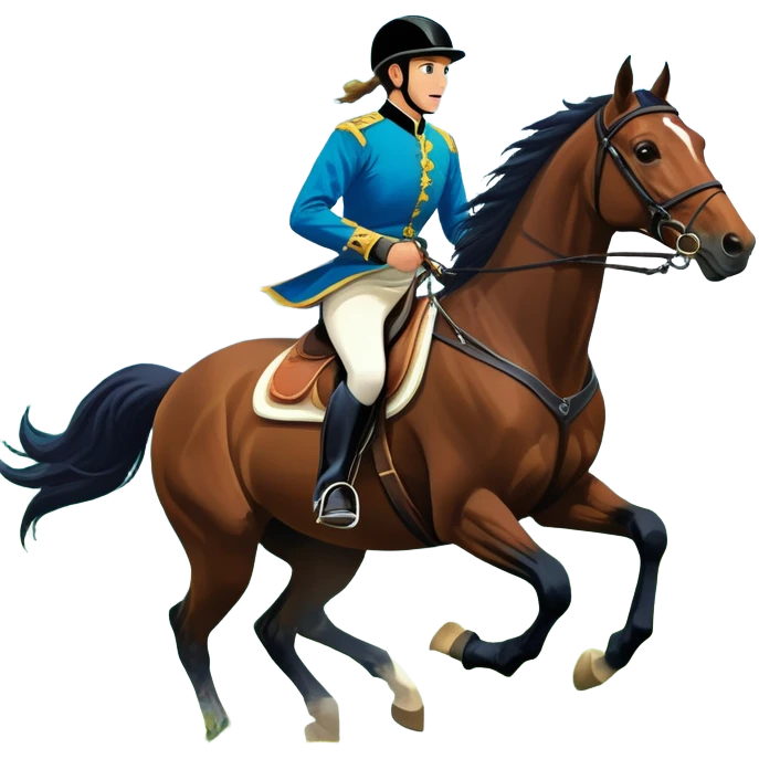An icon showcasing a blue sky, distant mountains and a vibrant landscape. a majestic horse and rider in full gallop across a lush green field. The rider wears traditional gear, while the horse leaps with grace and power.  emoji