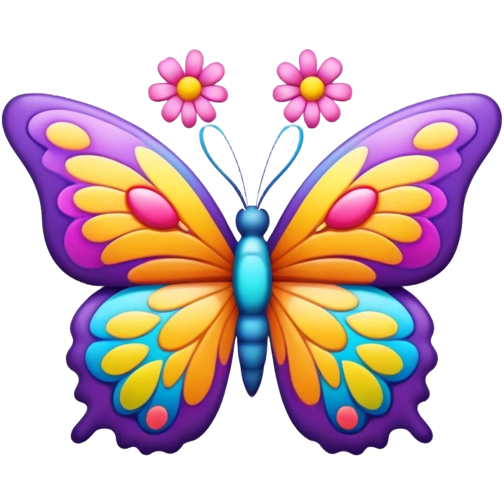 3D, psychedelic colored hippie style butterfly with flowers emoji
