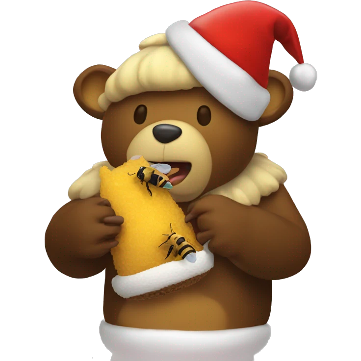 a bee eating a bear wearing a christmas hat emoji