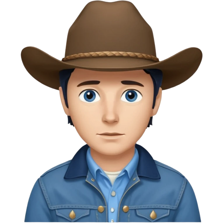 Jack Twist from Brokeback Mountain with blue eyes, dark brown hair, light blue shirt, navy blue jacket and cowboy hat emoji