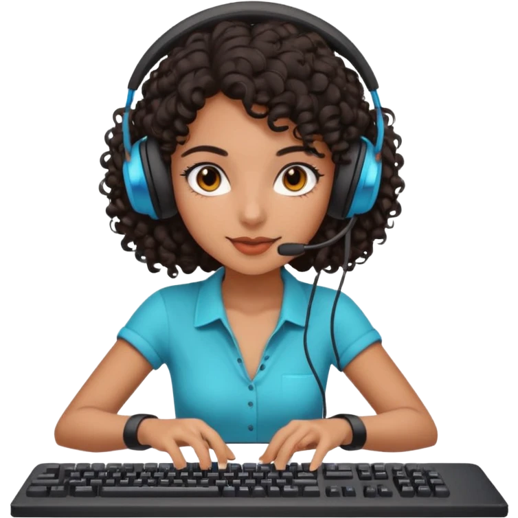 Dark Spanish girl with dark curly hair, wearing a gaming headset and playing with keyboard and mouse   emoji
