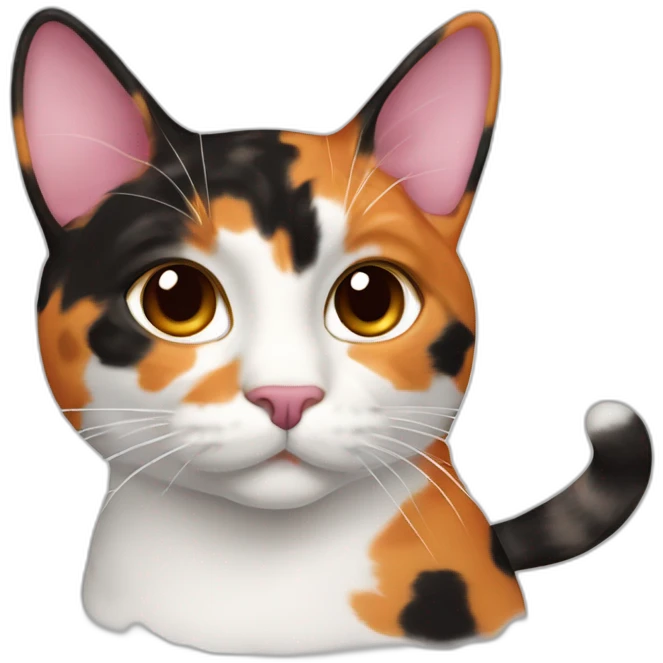 Calico cat with orange, brown and black pattern on its face but it’s mostly white. Cat has pink nose with brown dot emoji