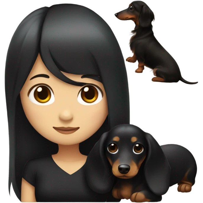 an Asian girl with long hair, wear black dress, hugging long-haired dachshund emoji