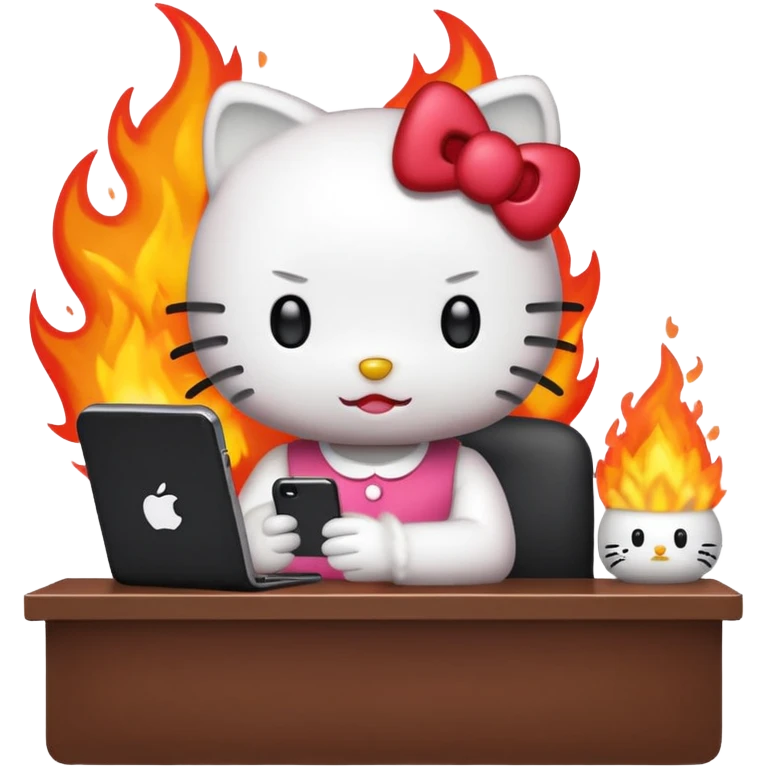 Apple-style emoji illustration of hello kitty character calmly sitting at an office desk, looking at a smartphone and looking relaxed, while the office behind her is subtly on fire. emoji