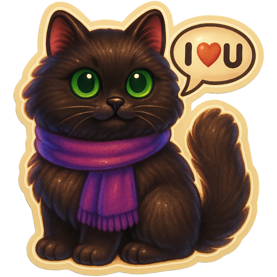 Fluffy dark-brown cat with green eyes and a purple scarf saying ‘I ♡ U’ (with a speech bubble) emoji