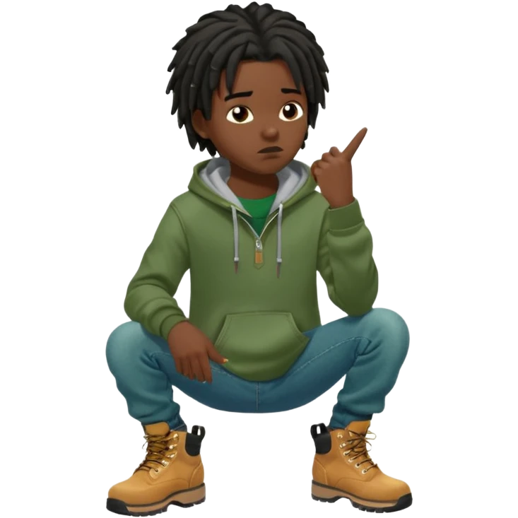 African American boy with short black dreadlocks wearing a green Nike hoodie wearing denim skinny jeans and timberland boots with finger point to his head indicating his thinking and intelligence emoji