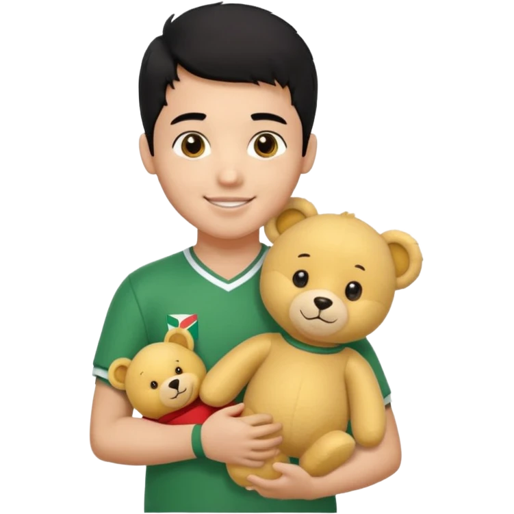 Une garçon qui a les cheveux noir qui sourit il a un maillot de l’algerie et qui a un doudou jaune sur son epaule un ours jaune qui a des habille noir emoji