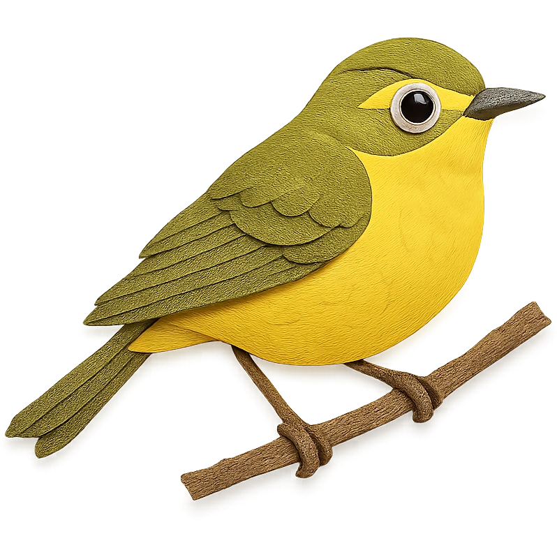 New World warbler on a branch, layered paper details, bright yellow and olive plumage, expressive eye, naturalistic pose emoji