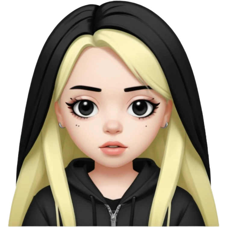billie eilish as pretty bratz baddie, sharp black eyeliner, black hair emoji