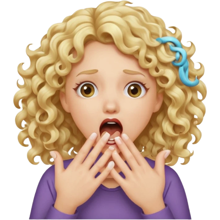 Emoji di ragazza bionda riccia che urla e mette una mano ben aperta in faccia davanti la bocca e gli occhi emoji