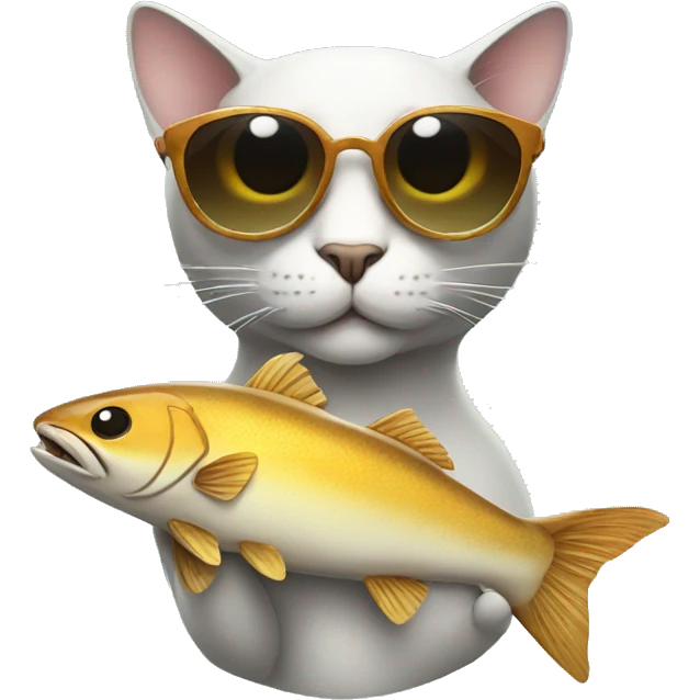cat wearing sunglasses holding up a big fish emoji