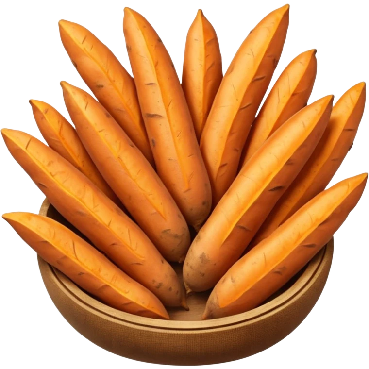 realistic sweet potato fries, two or three, thick, orange inside, golden-brown edges, natural texture, curves, rustic, warm, crispy outside, soft inside, no plate, dip, or faces, clean 3D, soft lighting, transparent background, emoji scale emoji