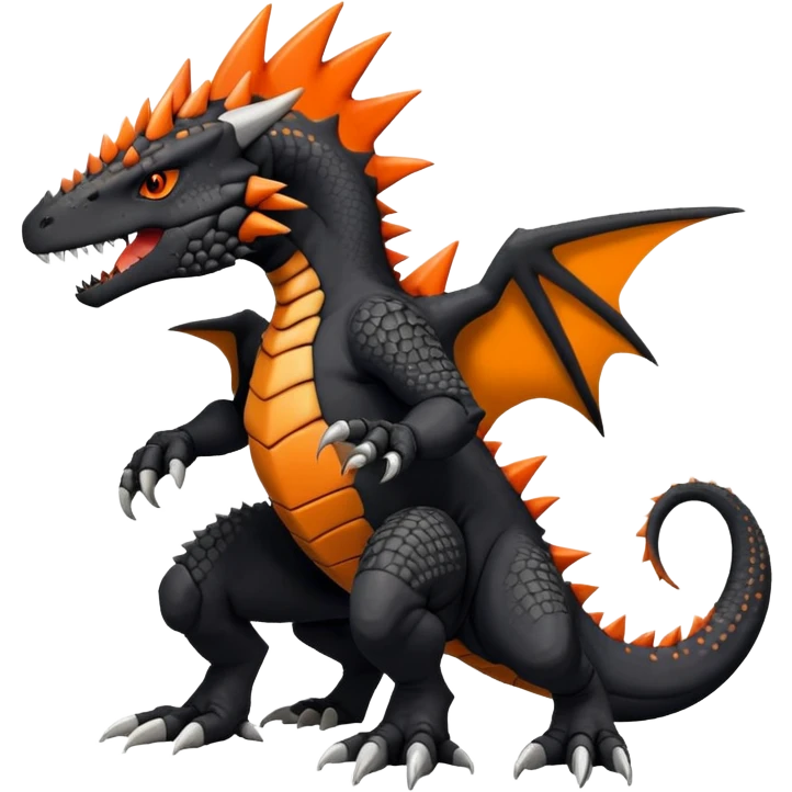 Black Salandit-Tyrunt-Tyrantrum-Greymon-Fakémon-creature-hybrid with orange belly (full body) emoji