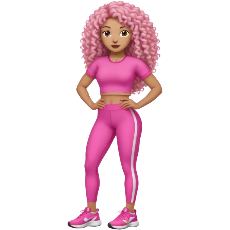 Uma mulher negra da pele clara com cabelo cacheados bem longo até a bunda  sem tanto volume no cabelo e um corpo atlético com roupa rosa  emoji