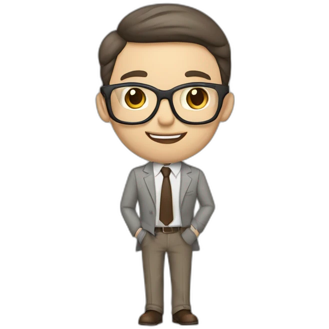 Pale skinned fit man with dark brown hair in gray jacket, beige office shirt, brown tie, brown pants and vintage glasses Writing text on the flipchart emoji