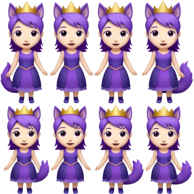 A collection of twelve chibi-style illustrations of a cute princess wearing a purple dress and crown with purple hair and purple wolf ears and purple wolf tail character. Each square shows the character doing something different against a white background And make a gap between each illusion emoji