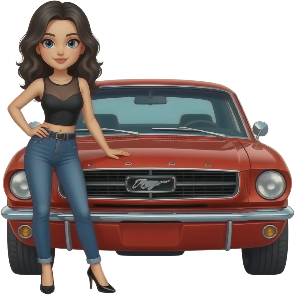 Pale girl with black wavy hair standing on the front left of a red Ford Mustang 1968 coupe. Girl wearing a sheer black sleeveless top with a medium neckline, jeans and heels with visible toes. Right hand on the hood and left hand on her waist. emoji