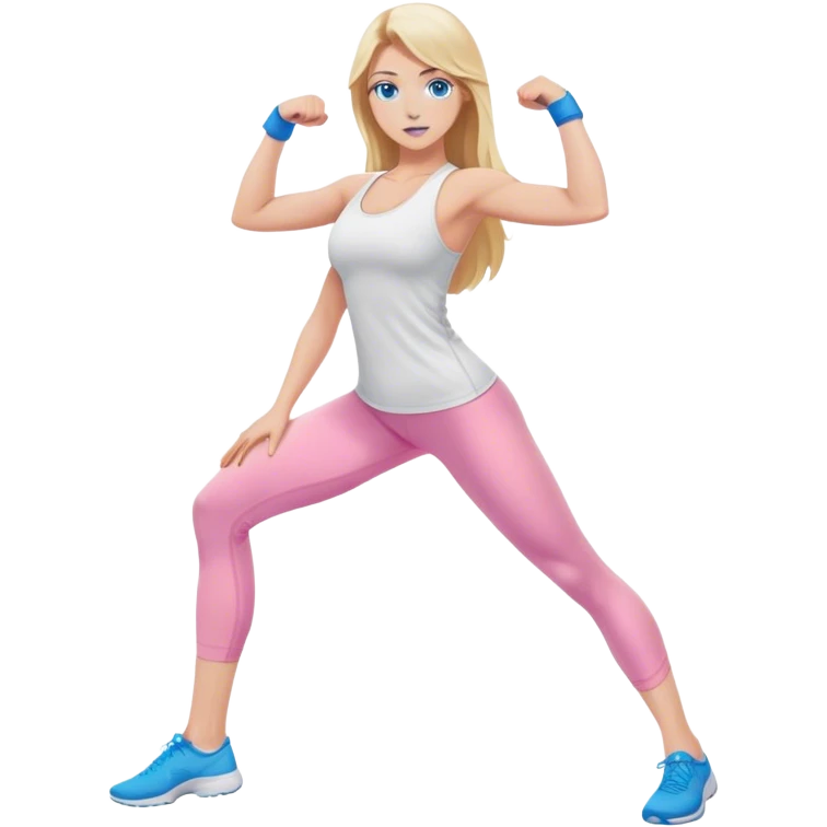 A cinematically realistic blonde with long hair and blue eyes, dressed in a white top and pink leggings, does a sports exercise called lunges emoji