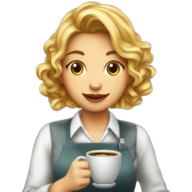 Smocking Female barista wear uniform and stand near coffee shop with cup of coffee emoji